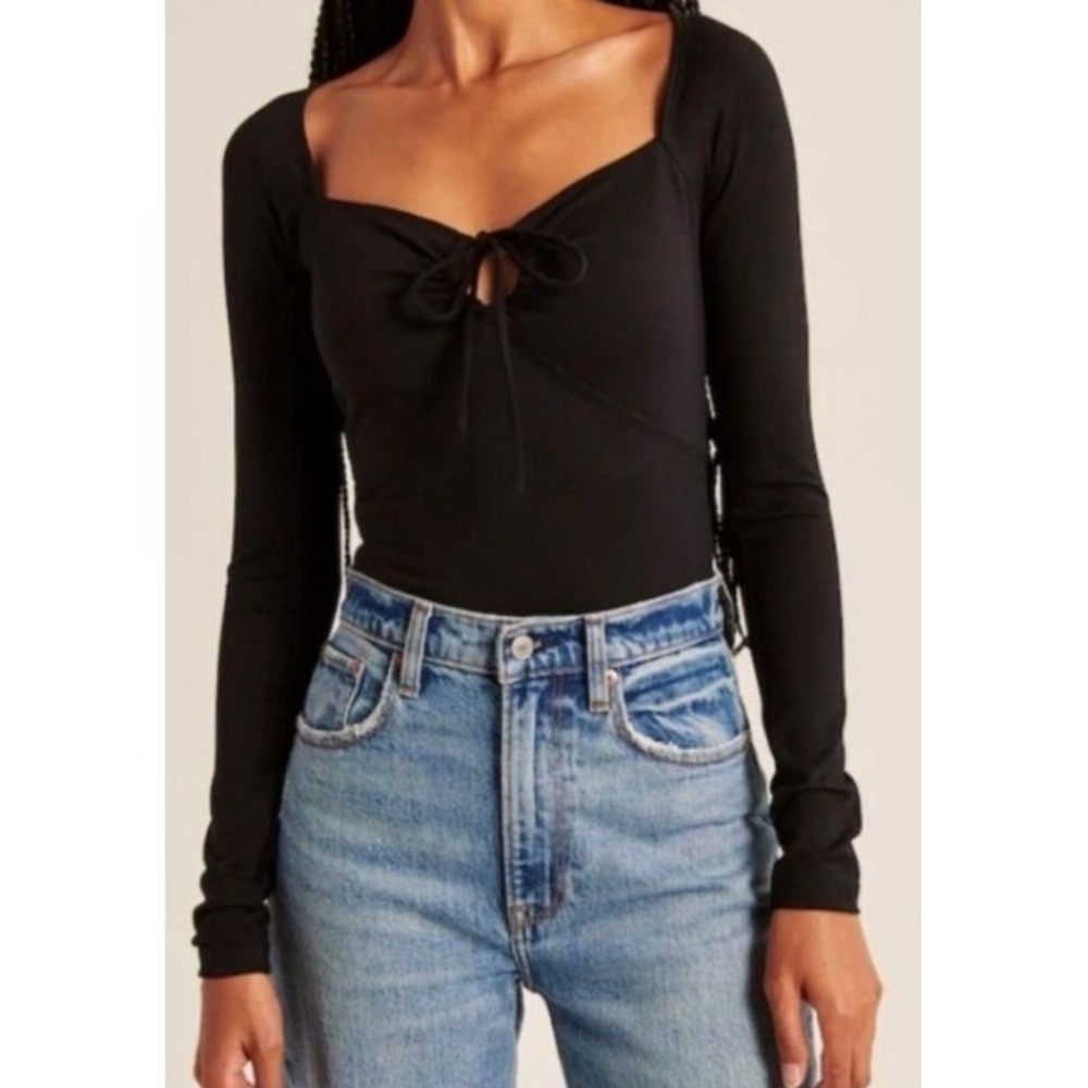 Abercrombie & Fitch Tie Front Long Sleeve Bodysuit Top Womens S Black Y2K Sleek